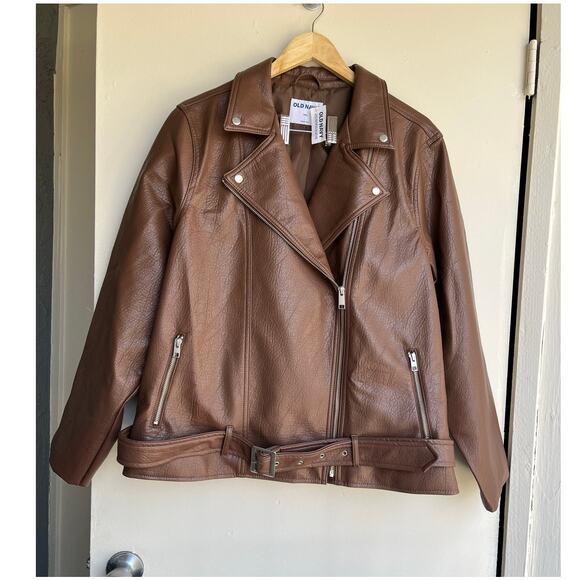 Old Navy Faux-Leather Belted Biker Motor Jacket Espresso Brown Size XXL $75 NWT - Picture 5 of 16
